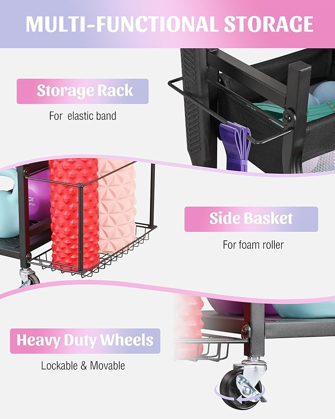 Mythinglogic Weight Rack for Dumbbells, Home Gym Storage for Yoga Mat Dumbbells Kettlebells and Strength Training Equipment, Dumbbell Rack with Wheels and Hanging Hooks