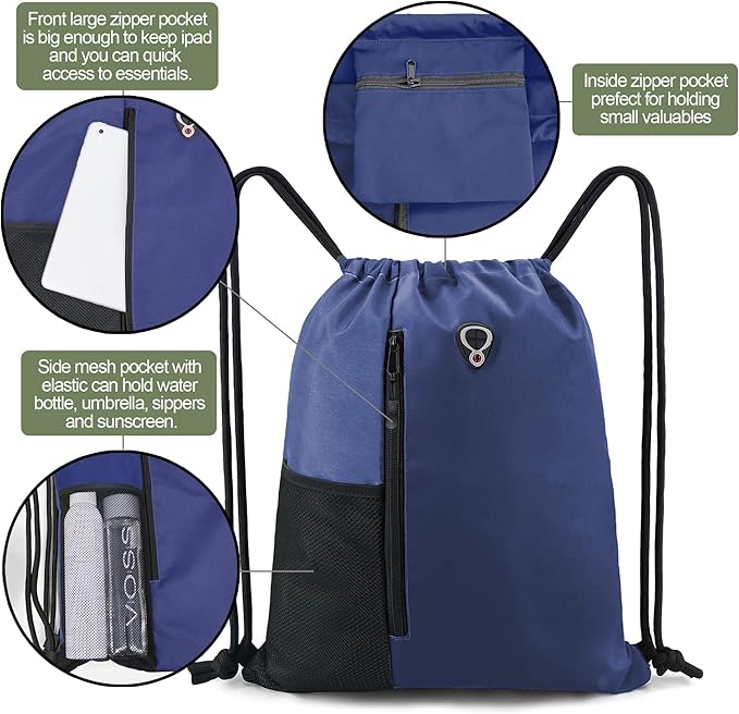 BeeGreen Navy Drawstring Backpack Gym Bag For Men & Women – Sports Sackpack with Mesh Water Bottle Holder & 2 Zippered Pockets – Large 16x20 Inch Cinch String Backpack Workout Bag for Running, Travel
