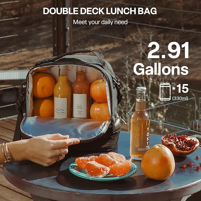 Everfun Womens Lunch Box Two Compartments Insulated Lunch Tote Bag Large Leakproof Soft Cooler for Work Picnic Travel, Black