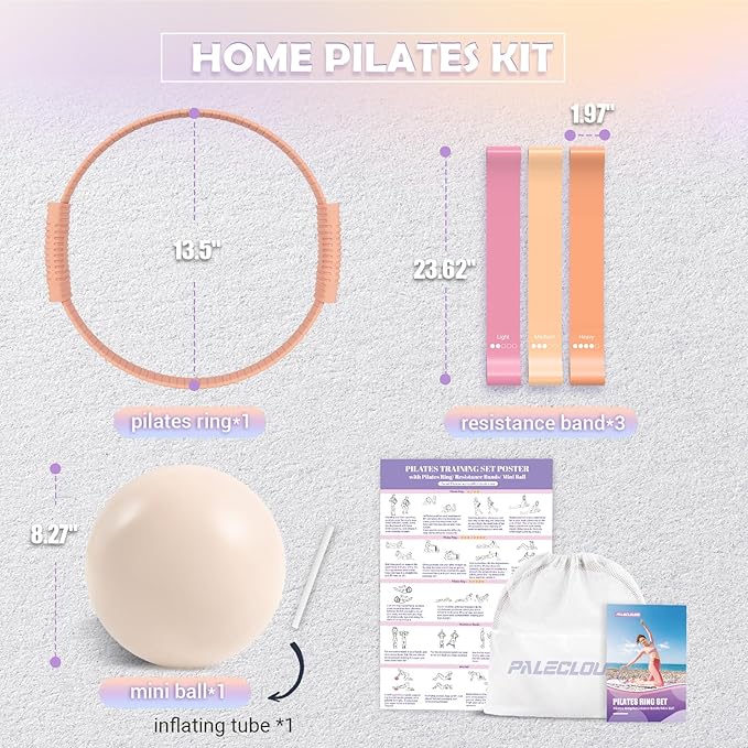Pilates Essentials Kit for Women, 13.5" Pilates Ring and Ball Set with Resistance Bands for Home Workouts, Portable Pilates Kit with Bag & Training Poster for Full Body Exercise