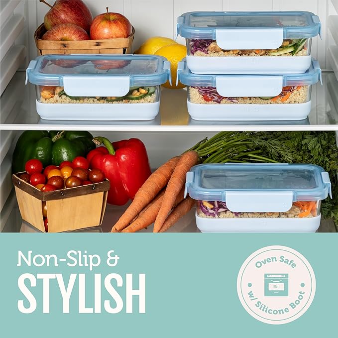 Ello Duraglass 3.4 Cup Meal Prep Sets 10Pc, 5 Pack Set- Glass Food Storage Container with Silicone Boot and Airtight BPA-Free Plastic Lids, Dishwasher, Microwave, and Freezer Safe, Garden Goals