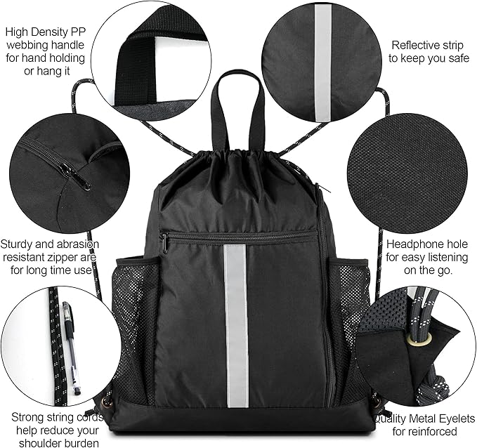 BeeGreen Drawstring Backpack Bag Sports Gym Backpack with Shoe Compartment and Two Water Bottle Holder for Men Women Large String Backpack Athletic Sackpack Workbag Black