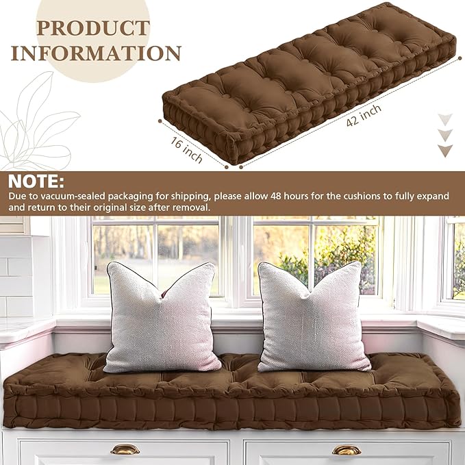 Bench Cushions for Indoor Furniture 42x16 in Velvet Kitchen Dining Piano Window Seat Cushion, Tufted Patio Porch Swing Thicken Bench Pad Memory Foam(Brown)