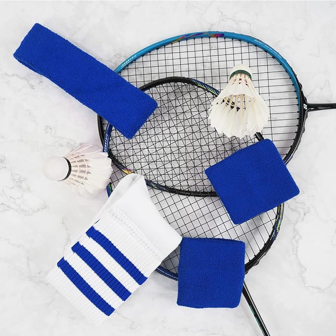 ONUPGO 5 Pieces Sweatbands Striped Socks Set Sports Headband Wristbands High Tube Socks 80s Accessories Costumes