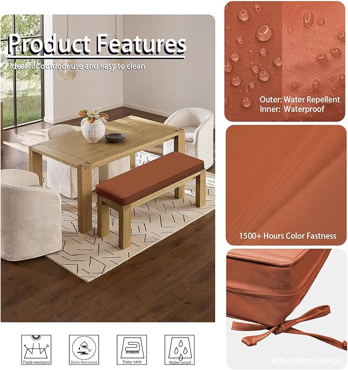 Outdoor Bench Cushion 59 x 18 x 3 Inch, Waterproof Patio Furniture Cushions with Ties, Non-Slip Rectangle Bench Seat Cushion Foam Pad for Garden Sofa Settee Couch Swing, Red