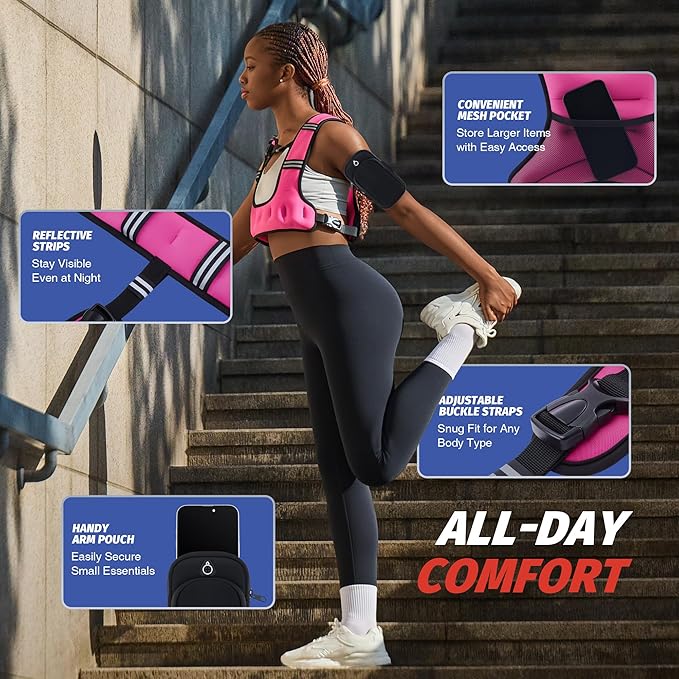 ZELUS Weighted Vest for Women Men, 6/8/12/16/20lb Weight Vest with Arm Pouch Reflective Strips, U-Shaped Rucking Vest for Strength Training Muscle Building, Walking Running Vest for Fitness