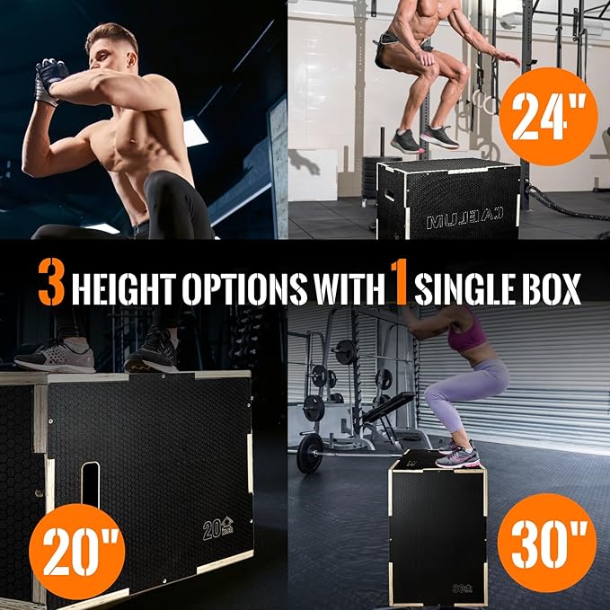 CAELUM 3-in-1 Wood Plyo Box - Non-Slip Plyometric Jump Box for Home & Gym, 400lbs Bearing Fitness Launch Box for Jumping Squats Step-ups Strength Training