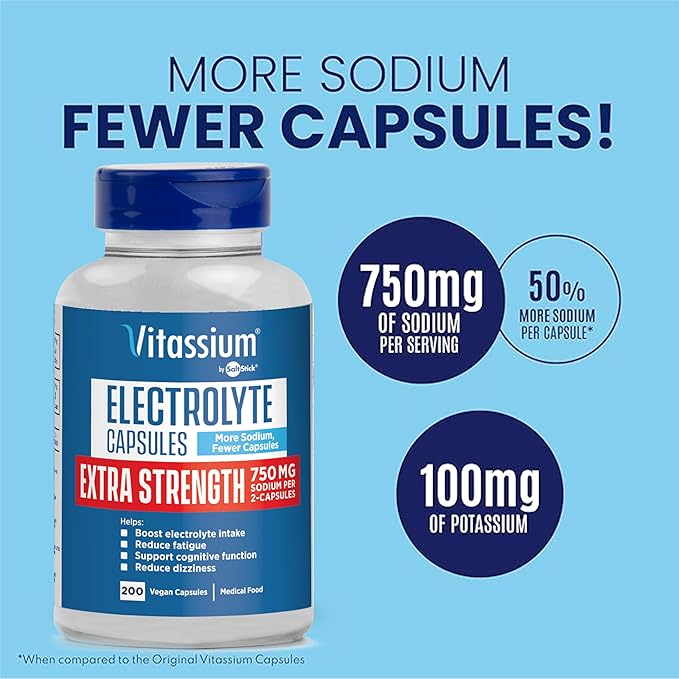 Vitassium Extra Strength Electrolyte Capsules - 750mg of Sodium for The Management of POTS and High Sodium Diets, Unflavored - 200 Salt Pills (Size 00)