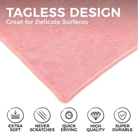 The Rag Company - All-Purpose Microfiber Terry Cleaning Towels - Commercial Grade, Highly Absorbent, Lint-Free, Streak-Free, Kitchens, Bathrooms, Offices, 300gsm, 16in x 16in, Pink (12-Pack)