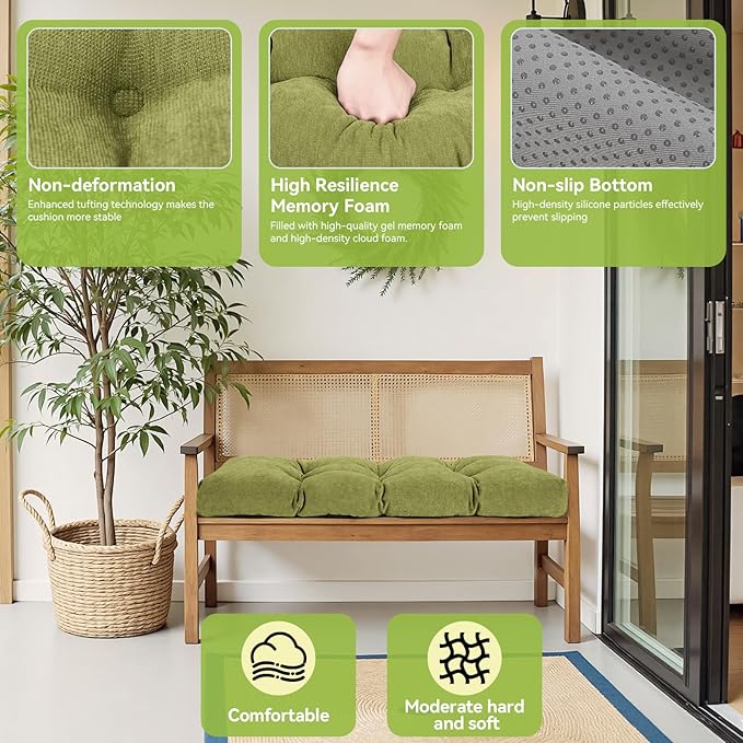 Bench Cushion 36 Inch - Chenille, High-Density Memory Foam, Non-Slip Bottom, Soft Durable Indoor Tufted Long Seat Cushion for Window Garden Furniture (Avocado Green, 36x14x4 Inch)