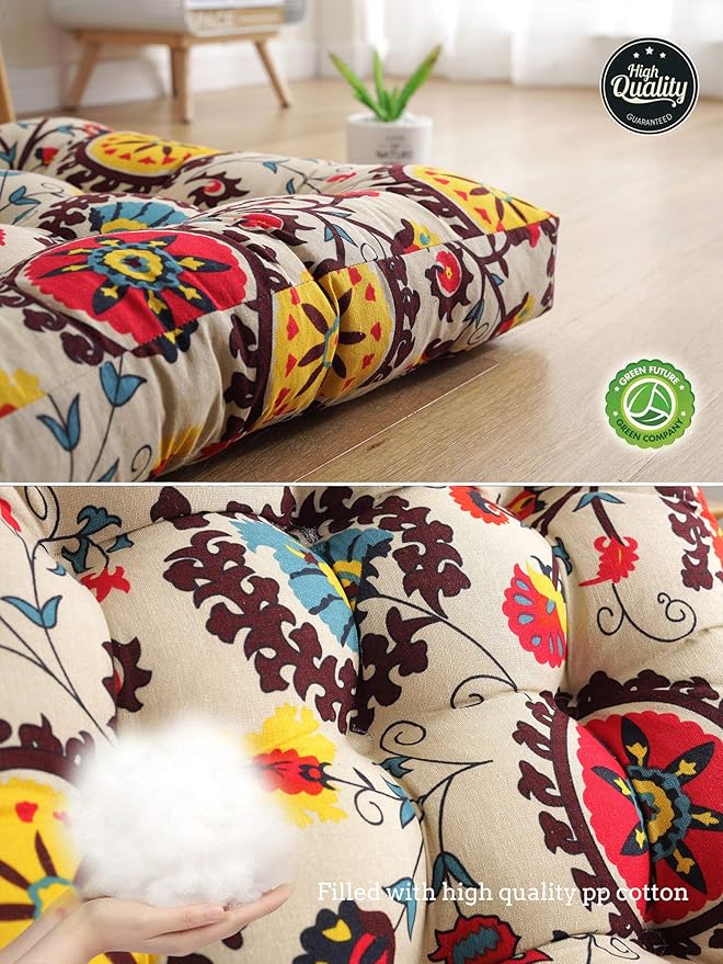 Boho Round Floor Seat Pillows Cushions 22" x 22", Soft Cotton Linen Bohemian Yoga Mandala Meditation Pouf Tatami Floor Pillow Cushion for Living Room Adults & Kids Casual Reading Nooks,Flowers Beige