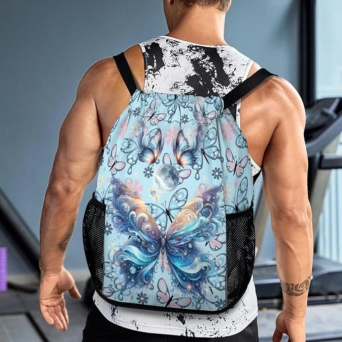 Butterfly Drawstring Backpack - Cute Cinch Sack, String Backpacks with Pocket for Kids Boys Girls Women Men for Gym Outdoor Sports Travel Athletic Drawstring Bag - Lightweight/Foldable
