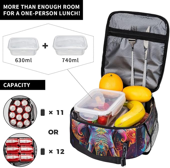Colorful Elephant Lunch Box for Women Girls Kids, Insulated Cooler Vibrant Elephant Lunch Bag for School, Picnic, Office, Work, Travel, Portable Polyester Thermal Reusable Tote Lunch Bags