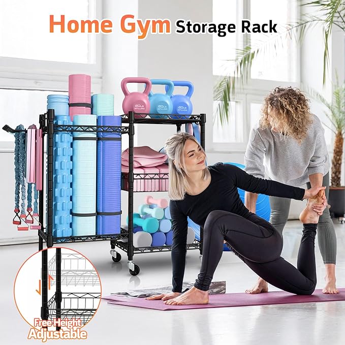 Dumbbell Rack, Home Gym Storage with Locking Wheels & 4 Hooks, 3 Tier Adjustable Workout Equipment Storage for Yoga Mat, Foam Roller, Dumbbell, Kettlebell, Fitness Ball and Resistance Band