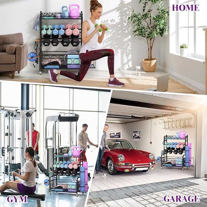 400LBS Dumbbell Rack, VOPEAK Adjustable Weight Rack for Home Gym, Home Gym Storage Rack for Yoga Mat Kettlebells and Strength Training Equipment, Weight Storage Rack for Dumbbells with Wheels