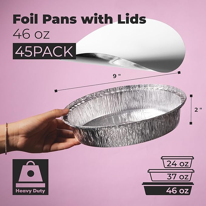 Fit Meal Prep 45 Pack 9” Round Aluminum Foil Pans with Lids, Pie Tins Disposable 9 inch with Lids, Take Out Containers, Freezer Oven Safe Aluminum Baking Pans for Storing, Cooking, Storage, Reheating