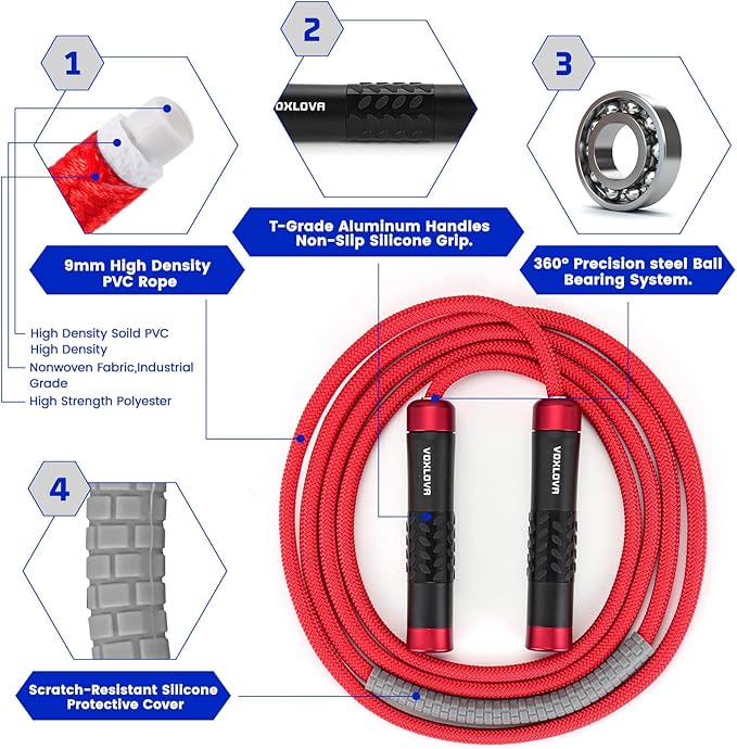 Weighted Rope - 1LB Heavy Jump Rope for Men Women Fitness Workouts, Non-Slip Aluminum Handles, Premium Skipping Rope for Exercise, Adjustable Length 9MM Solid PVC/Cotton Rope