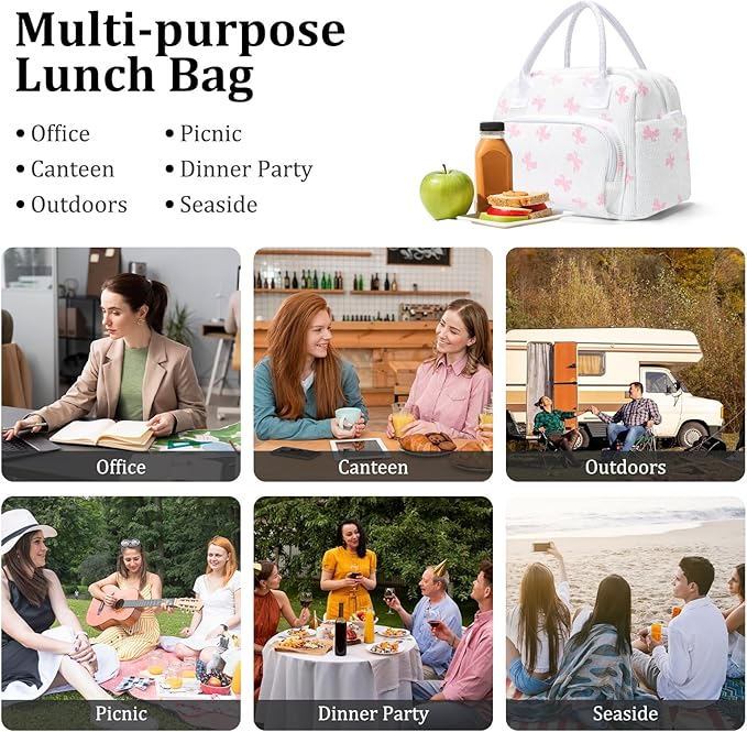 Insulated Lunch Bag for Women Men Large Reusable Lunch Box Adult Leakproof Portable Cooler Tote Bags for Work Picnic Bowknot