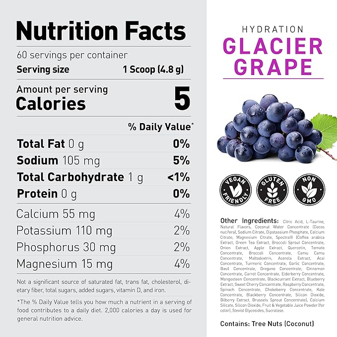 Kaged Hydration Electrolytes Powder | Glacier Grape | Hydra-Charge Sports Drink Mix | Pre, Post, Intra Workout | Low Carb, Vegan, Gluten Free | Supplements for Men & Women | 60 Servings