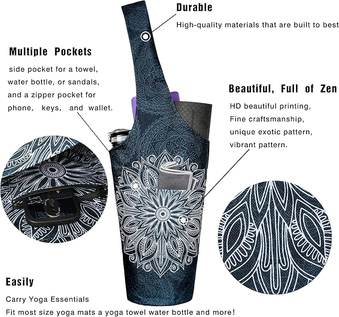 Fashion Printed Yoga Mat Bag with Large Side Pocket & Zipper Pocket Long Tote Yoga Bag Fit Most Size Mats - Holds More Yoga Accessories