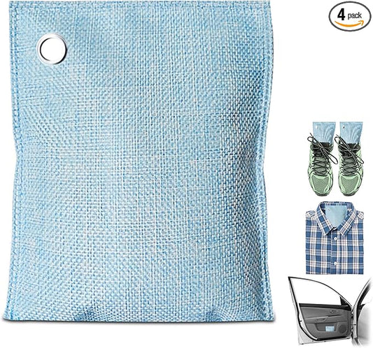 4 Pack charcoal odor absorber,Bamboo Charcoals Air Purifying Bag Charcoals Deodorizer Eliminator for Strong Odors in Car, Closet, Shoe, Basement (100G*4 Pack Light Blue, Unscented)