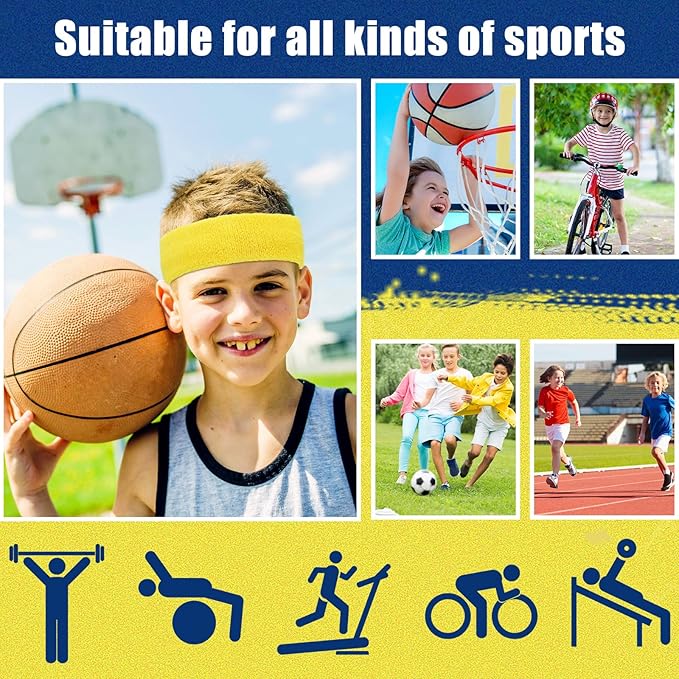 Libima 24 Pcs Kids Sports Headbands - Elastic Cotton Terry Sweatbands for Boys' Sports & Team Activities