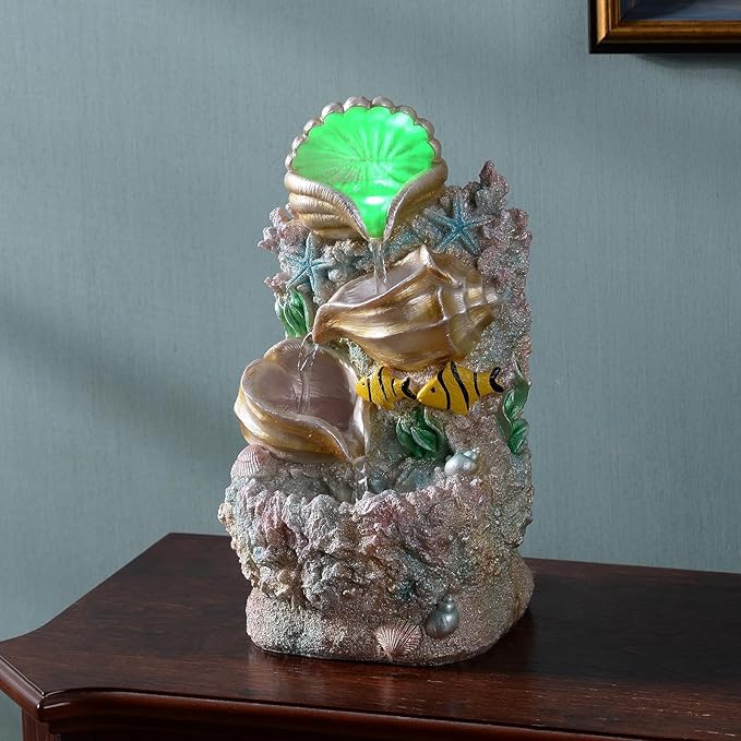 GOSSI Themed Coral Shell Fountain Tabletop Home Décor Indoor Desktop Fountains Perfect for Zen Waterfall Meditation Waterfall Decor Fountain with LED Lights(23037)
