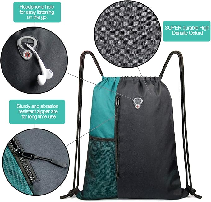 Drawstring Backpack Sports Gym Bag for Women Men Large Lightweight Backpack with Zipper and Water Bottle Mesh Pockets (Black/Teal)