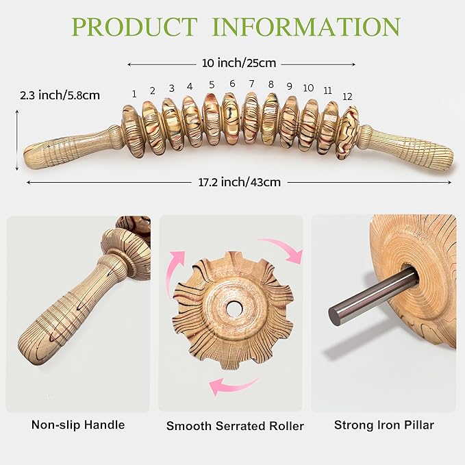 Wooden Curved Handheld Roller Stick Massager - 12 Rollers Wood Therapy Tool for Trigger Point, Fascia & Cellulite Reduction, Lymphatic Drainage, Muscle Tension Relief & Body Shaping (Wood Grain)