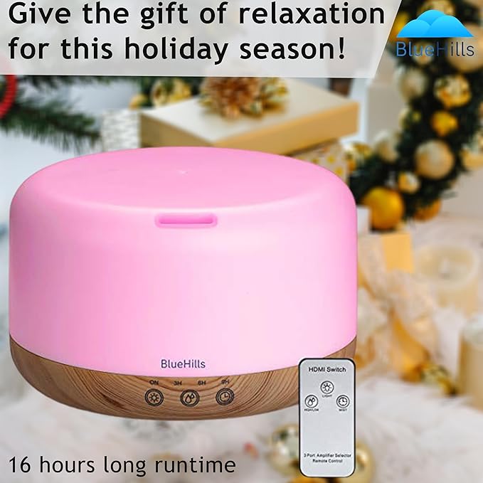 BlueHills Premium 1000 ML XL Essential Oil Diffuser Aromatherapy Humidifier with Remote Timer for Large Room Home 18 Hour Run Huge Coverage Area 1 Liter Mood Light Extra Large Capacity Wood Grain D004