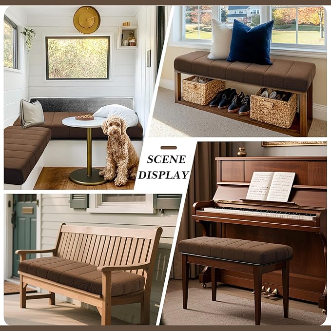 Wenqik Bench Cushion 42x16x4 Inch for Indoor Outdoor Furniture Tufted Thicken Bay Window Seat Cushion Non Slip Waterproof Dining Piano Bench Pad Pillow Anti Cat Scratch for Patio Porch Swing, Brown