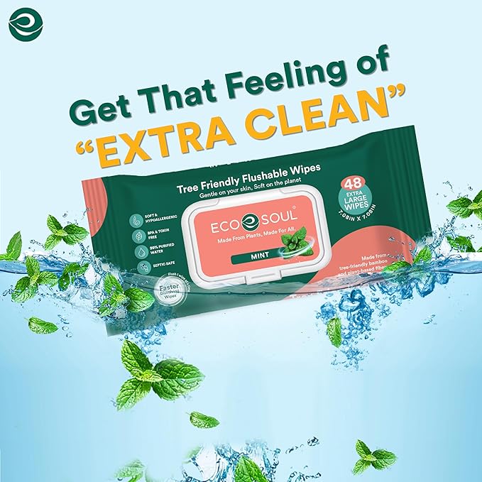 ECO SOUL Bamboo Flushable Wipes For Adult- Mint 384 Wipes |8 Pack of 48| Eco-Friendly Wipes| 99% Purified Water, Hypoallergenic, Soft Wipes, BPA & Paraben free