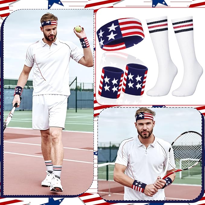 Skylety 5 Pcs Striped Sweatband Sock Set Wrist Sweatband Headband High Striped Headband for Men Women Sports 80s Party(White, Navy Blue and Red)