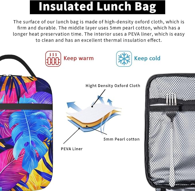 Insulated Lunch Box for Women Men, Leaf Theme Lunch Box Reusable Portable Lunch Bag Cooler Tote Waterproof Lunch Container for Office Picnic Work Travel Hiking