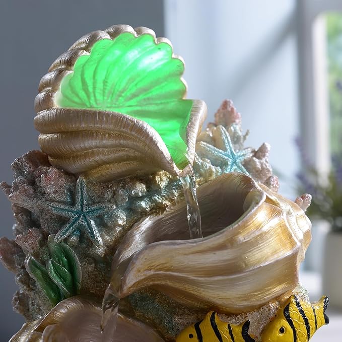 GOSSI Themed Coral Shell Fountain Tabletop Home Décor Indoor Desktop Fountains Perfect for Zen Waterfall Meditation Waterfall Decor Fountain with LED Lights(23037)