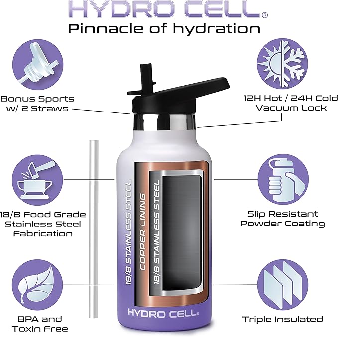 HYDRO CELL Stainless Steel Water Bottle with Straw & 2 Standard Mouth Lids (32oz 24oz 20oz 16oz) Keeps Liquids Hot or Cold w/Double Wall Vacuum Insulated Leak Proof Sport Design (Lavender/White 16oz)