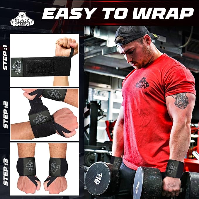 Bear Grips Wrist Wraps for Weightlifting | Weight Lifting Wrist Straps for Weightlifting | Extra Strength Gym Wrist Wraps | Two Wrist Wrap Per Pack | 12” & 18” | Lifting Wrist Wraps for Men & Women