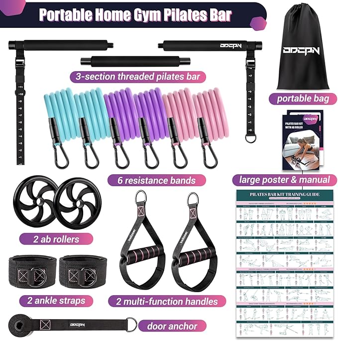 Pilates Bar Kit with Resistance Bands, Multifunctinal Exercise Bar with Ab Roller for Pilates/Abs/Weight Loss, Portable Home Gym Pilates bar kit for Full Body Training Women
