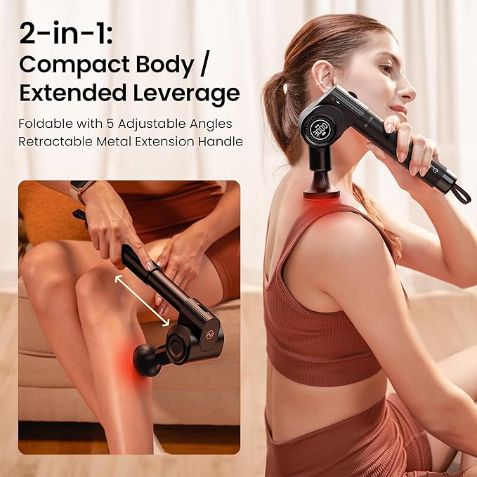 Massage Gun with Heat,Deep Tissue Handheld Percussion Back Massager for Muscle/Neck/Body Pain Relief with Long Extension Retractable Handle,32-Speeds,Foldable,5 Adjustable Angles,with Carry Case