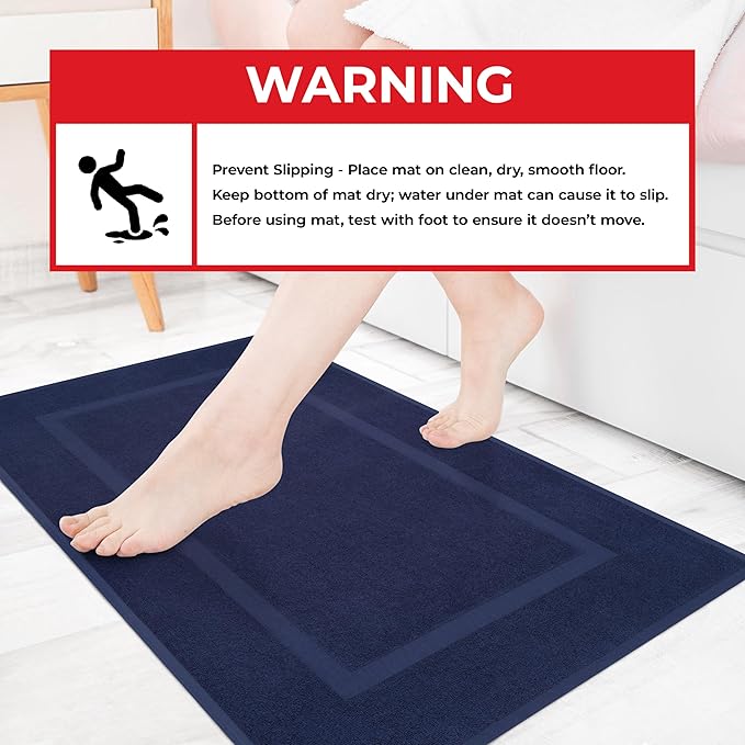 Cotton Paradise 100% Cotton Bath Mats for Bathroom Floor Set of 2 Pack, 20x34 Soft Absorbent Washable Quick Dry Tub Bathmat, Navy Blue Towel Bath Mat