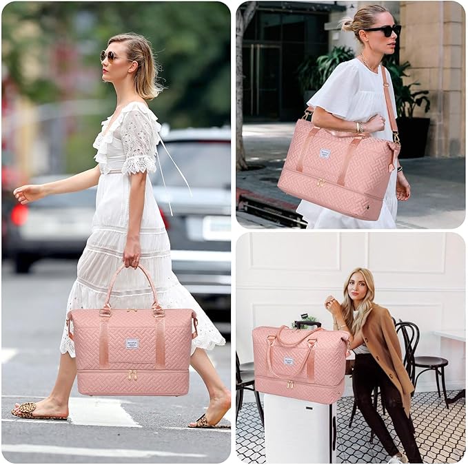 Duffle Bag for Travel, Weekender Bag with Shoe Compartment, Carry On Overnight Bag for Women with Toiletry Bag, Gym Bag with Wet Pocket, Hospital Bags for Labor and Delivery Beige