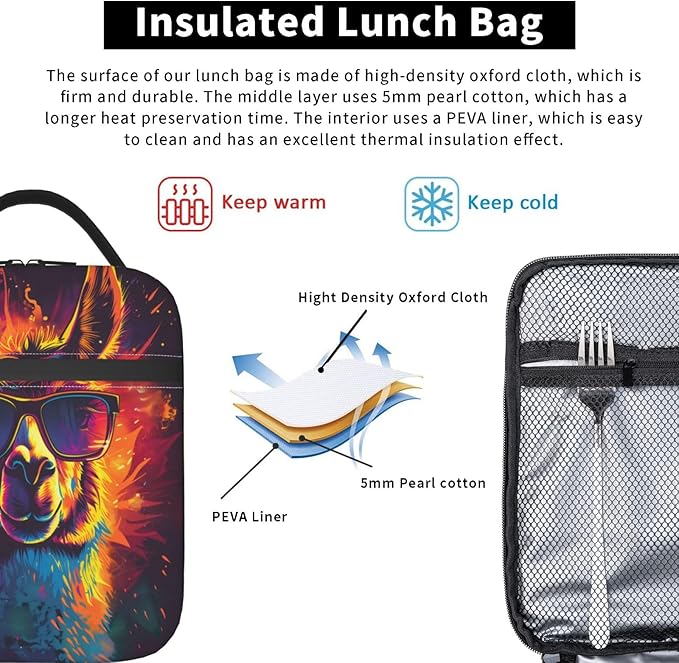 Insulated Lunch Box for Women Men, Alpaca Theme Lunch Box Reusable Portable Lunch Bag Cooler Tote Waterproof Lunch Container for Office Picnic Work Travel