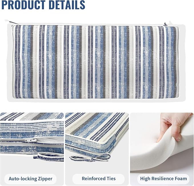 Outdoor Bench Cushion, Patio Furniture Cushion 45 x 18 x 3 Inch, Water Resistant Garden Sofa Swing Pad Settee Loveseat Couch Replacement Cushion, 1 Pack, Stripe Layered Blue