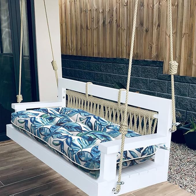 Tufted Bench Cushion for Outdoor Furniture, Patio Swing Cushion 44 x 19 x 5 Inch, Overstuffed Outdoor Chair Cushion for Garden Loveseat Lounge Storage, 1 Pack, Leaves Ink Blue