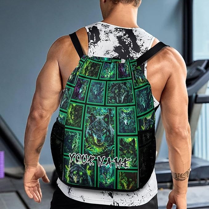 Custom Wolf Drawstring Backpack - Cute Cinch Sack, String Backpacks with Pocket for Women Men Kids Boys Girls for Gym Outdoor Sports Travel Athletic Drawstring Bag - Lightweight/Foldable