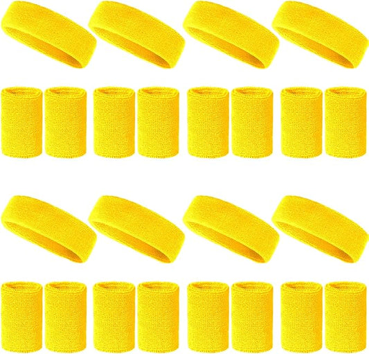 24 Pcs Neon Sweatbands Set Include 8 Pcs Sports Headband and 16 Pcs Cotton Wristbands 80s Neon Sweat Bands Bulk for Gym, Tennis, Basketball, Running, Exercise