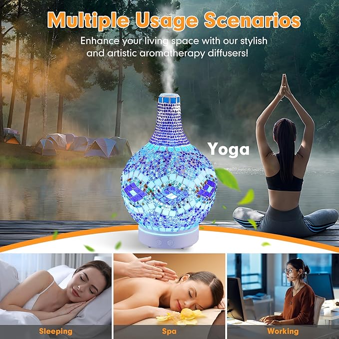 Tiffany Essential Oil Diffuser,Mosaic Glass Aromatherapy Diffuser Cold Air Ultrasonic Diffuser Turkish Moroccan Essential Oils for Diffusers for Home Office SPA