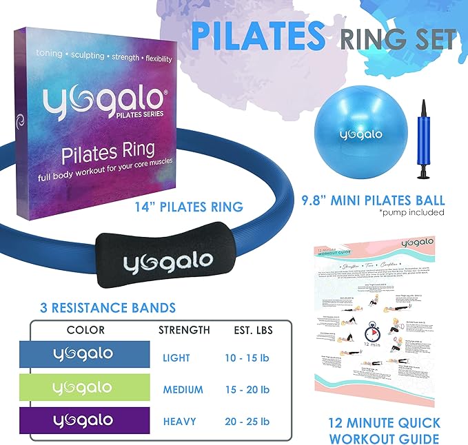 Pilates Ring and Ball Set with 3 Resistance Bands - Pilates Equipment for Home Workout - Magic Circle Pilates Ring 14 Inch to Tone, Sculpt and Strengthen - Fitness Ring for Yoga and Pilates