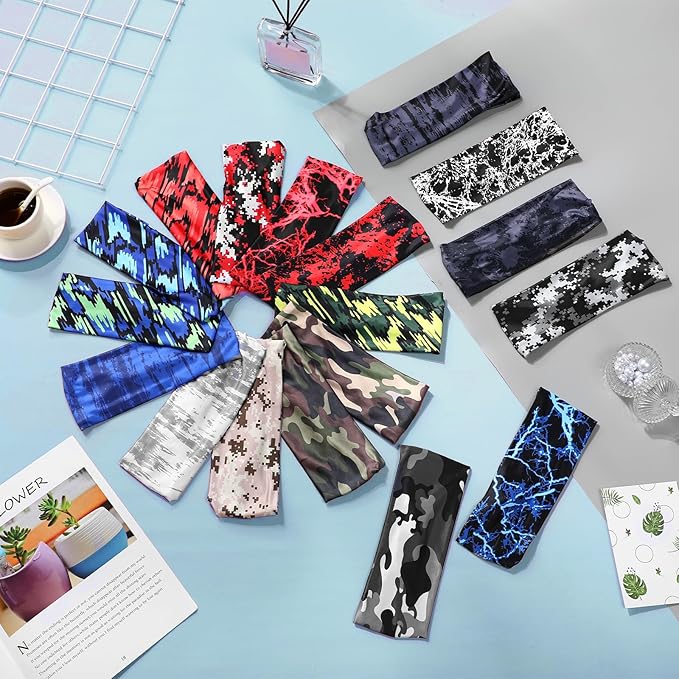 18 Pcs Sports Sweatbands for Men Women Camo Headbands Workout Non Slip Headbands Breathable Head Band Fitness Stretchy Unisex Hairband for Yoga Running Cycling Ball