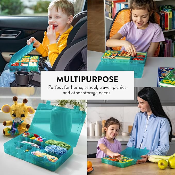 Large Kids Snack Box Containers Set of 2 -100 Labels, BPA-Free, Adjustable Compartments, Dishwasher Safe, Reusable Tray, Food Grade, Meal Prep Container, PARENT TESTED PARENT APPROVED AWARD (Blue)